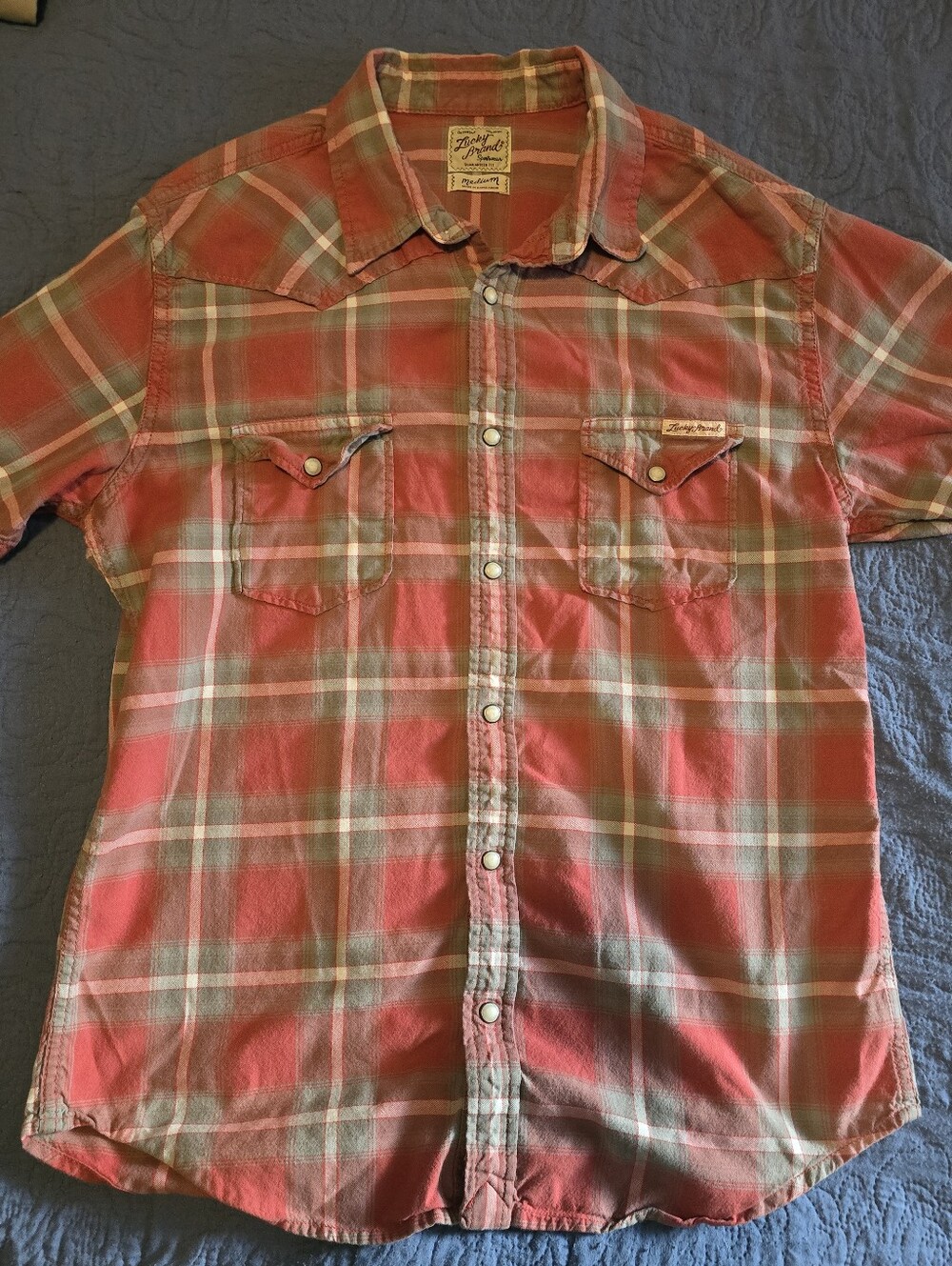 Lucky Brand plaid short-sleeve Western snap shirt.